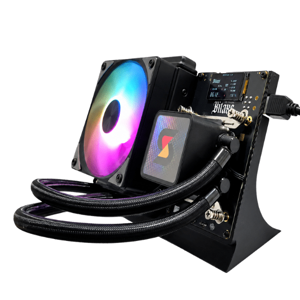 Front angle of the Bitaxe Gamma Hex Bitcoin solo miner with RGB hydro fan glowing, holographic Solo Satoshi cold plate, braided tubing, and LCD showing live mining stats