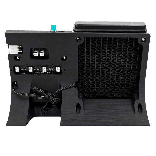Rear view of the Bitaxe Gamma Hex Bitcoin solo miner showing the AIO radiator fin stack, 6-pin PCIe power connector, and black stand