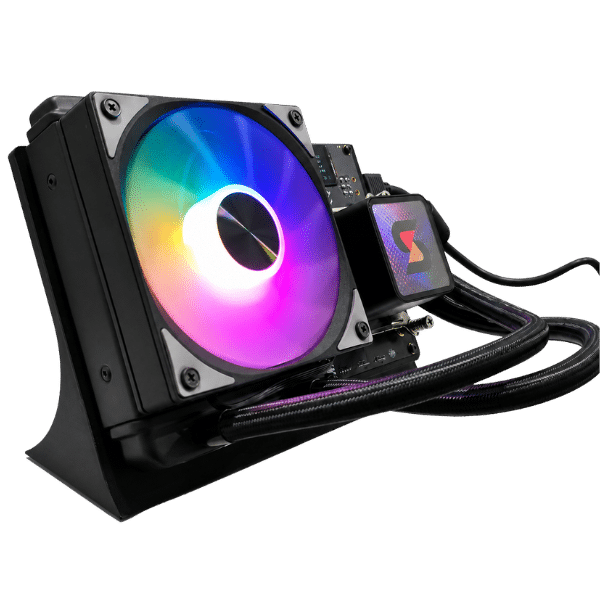 Closeup of the Bitaxe Gamma Hex Bitcoin solo miner's RGB hydro fan glowing in rainbow colors beside the Solo Satoshi cold plate and braided coolant tubing