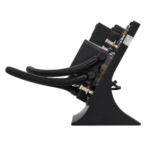 Side profile of the Bitaxe Gamma Hex Bitcoin solo miner showing braided coolant tubing, pump block, spring-mounted cold plate, and angled stand