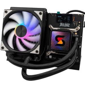 Bitaxe Gamma Hex hydro-cooled Bitcoin solo miner with RGB AIO fan, pure copper cold plate, and LCD displaying 8.4 TH/s hashrate