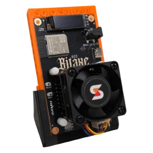 Bitaxe Gamma 602 solo Bitcoin miner with orange Solo Satoshi stand and cooling fan