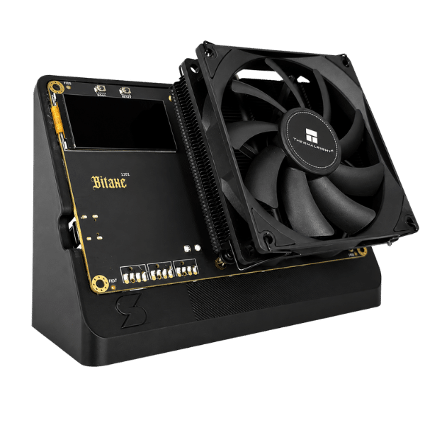 Bitaxe Naja Duo 1201 dual BM1373 Bitcoin solo miner front angle showing 1.9 inch LCD, boot and reset buttons, black PCB, and Thermalright 92mm fan on Solo Satoshi stand