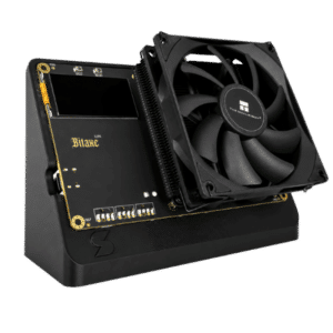 Rear view of Bitaxe Naja Duo showing Thermalright AXP90-X47 heatsink fins, 92mm PWM fan, and rear-mounted power connection