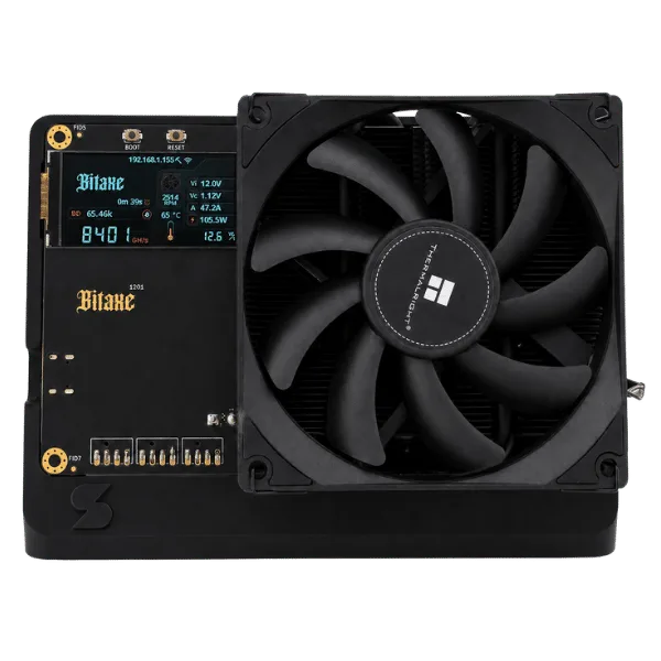 Bitaxe Naja Duo dual BM1373 Bitcoin solo miner with Thermalright 92mm fan and 1.9 inch LCD showing 8.4 TH/s overclocked hashrate