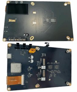 Bitaxe Naja Duo bare PCB front and back showing dual BM1373 ASICs, three 12V fan headers, yellow XT30 connector, ESP32-S3, and LCD ribbon cable