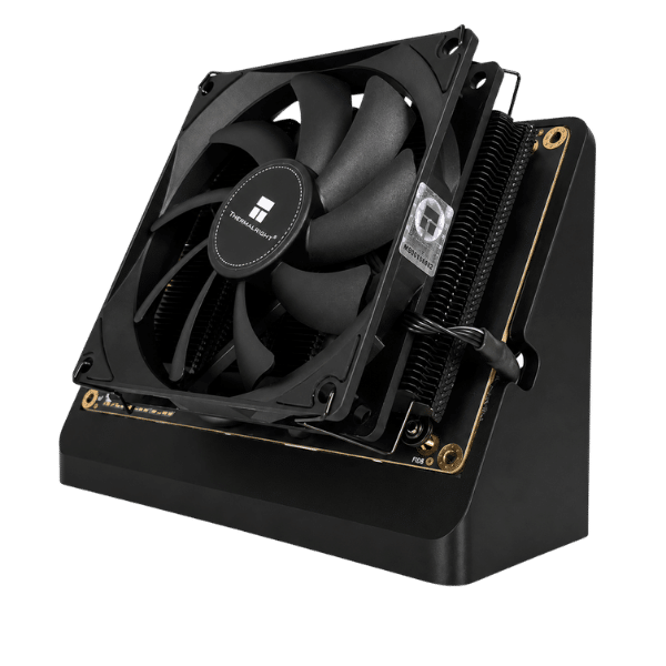 Rear angle of Bitaxe Naja Duo showing Thermalright TL-9015B 92mm PWM fan, AXP90-X47 heatsink fins, fan header connection, and serialized QR label on black stand