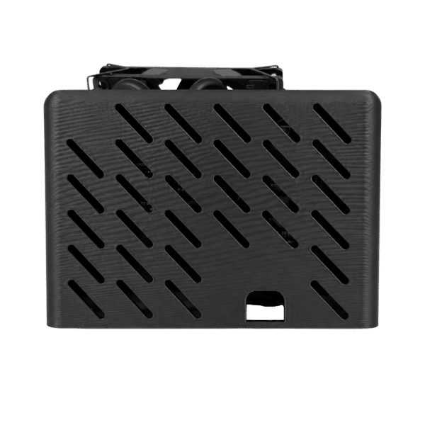 Rear view of Bitaxe Naja Duo black 3D printed stand with angled ventilation slots and cable cutout, 92mm fan frame visible on top