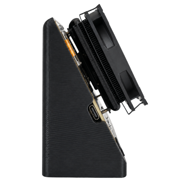 Side profile of Bitaxe Naja Duo on black 3D printed stand showing Thermalright AXP90-X47 heatsink fin stack, 92mm slim PWM fan, and USB-C port