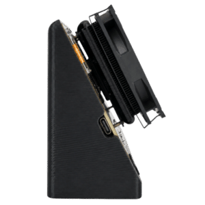 Side profile of Bitaxe Naja Duo showing slim low-profile design, USB-C port, and Thermalright heatsink depth on 3D printed stand