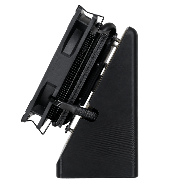 Side view of Bitaxe Naja Duo on black stand showing Thermalright AXP90-X47 heat pipes, fin stack, mounting screws, and 92mm slim fan with sleeved cable
