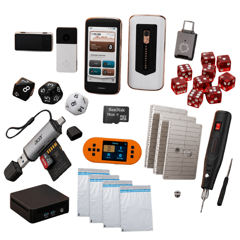 Multi-Signature Package with Start9 Server One, Jade Plus, SeedSigner+, Passport Prime, steel seed backups, dice, microSD cards, and tamper-evident bags