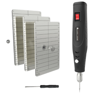 Bitcoin seed phrase backup kit with 3 numbered stainless steel plates for 12 and 24 word BIP39 phrases, electric engraving pen, screwdriver, and locking screws
