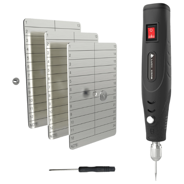 Bitcoin Seed Phrase Backup Kit with three fireproof stainless-steel plates, electric engraving pen, locking screw sets, and screwdriver