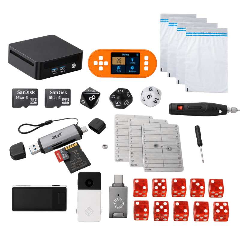 Single-Signature Package contents: Start9 Server One, Blockstream Jade Plus, JadeLink, SeedSigner+, steel seed phrase backup plates with engraving pen, casino dice, D16 and D8 dice, tamper-proof seal bags, microSD cards, and SD card reader