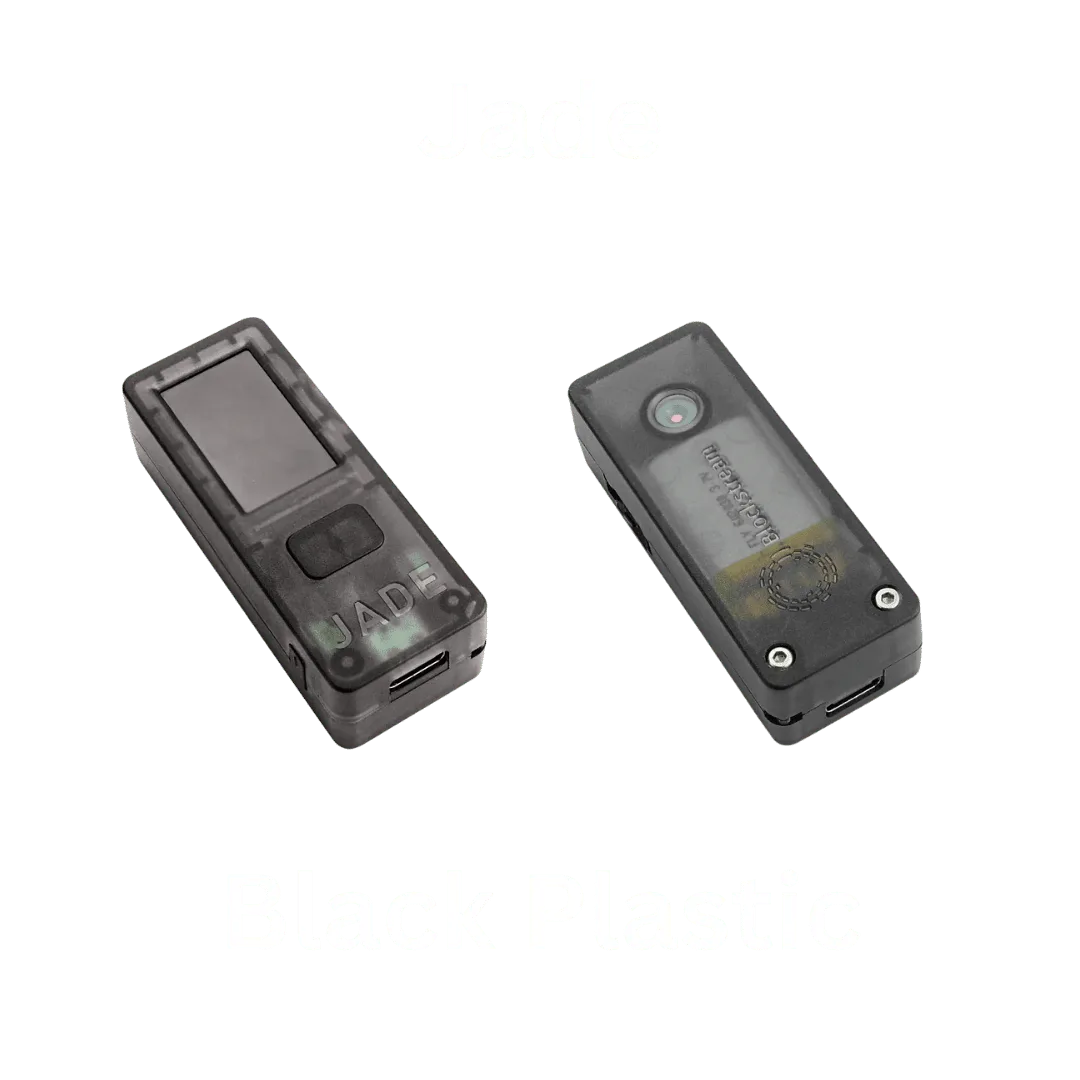 Blockstream Jade Classic black plastic Bitcoin hardware wallet shown from the front and back