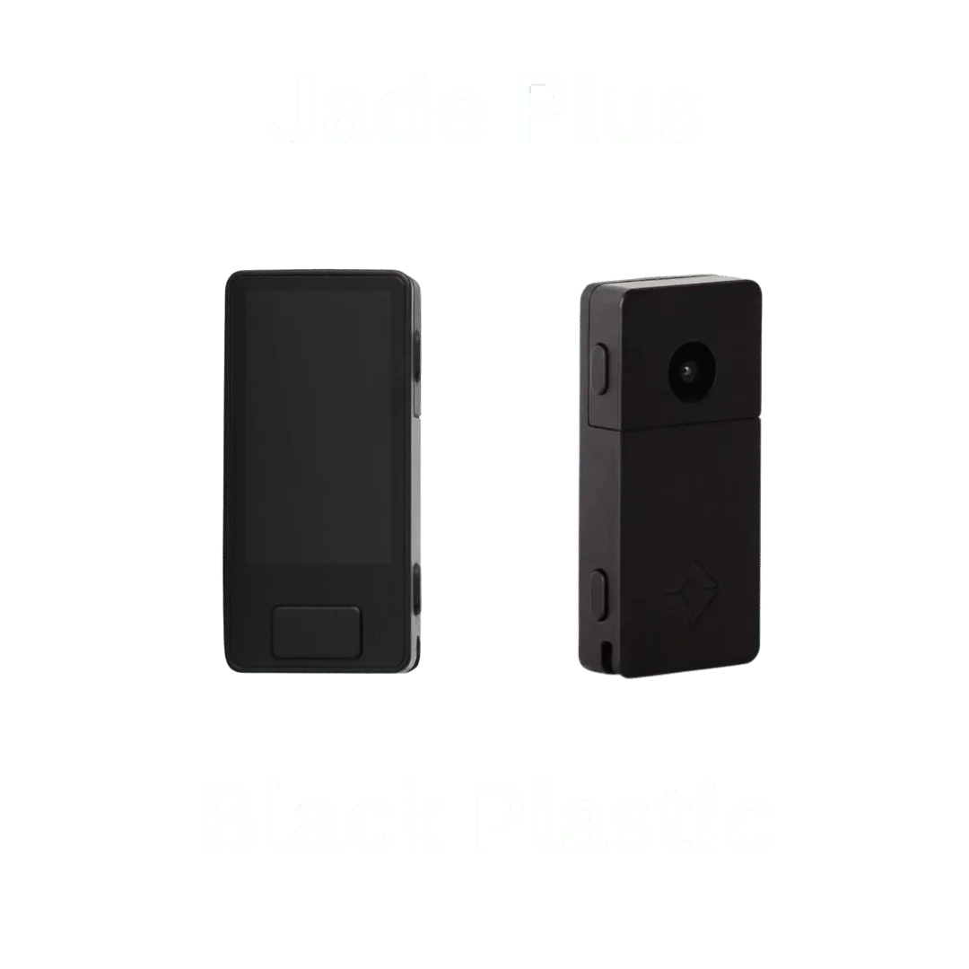 Blockstream Jade Plus Black plastic Bitcoin hardware wallet shown from the front and back