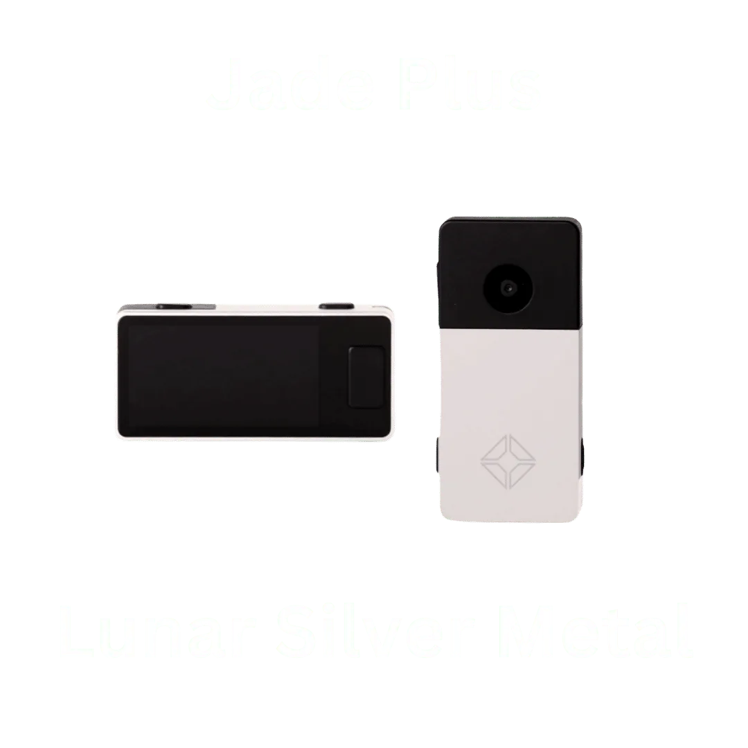 Blockstream Jade Plus Lunar Silver metal Bitcoin hardware wallet shown from the front and back