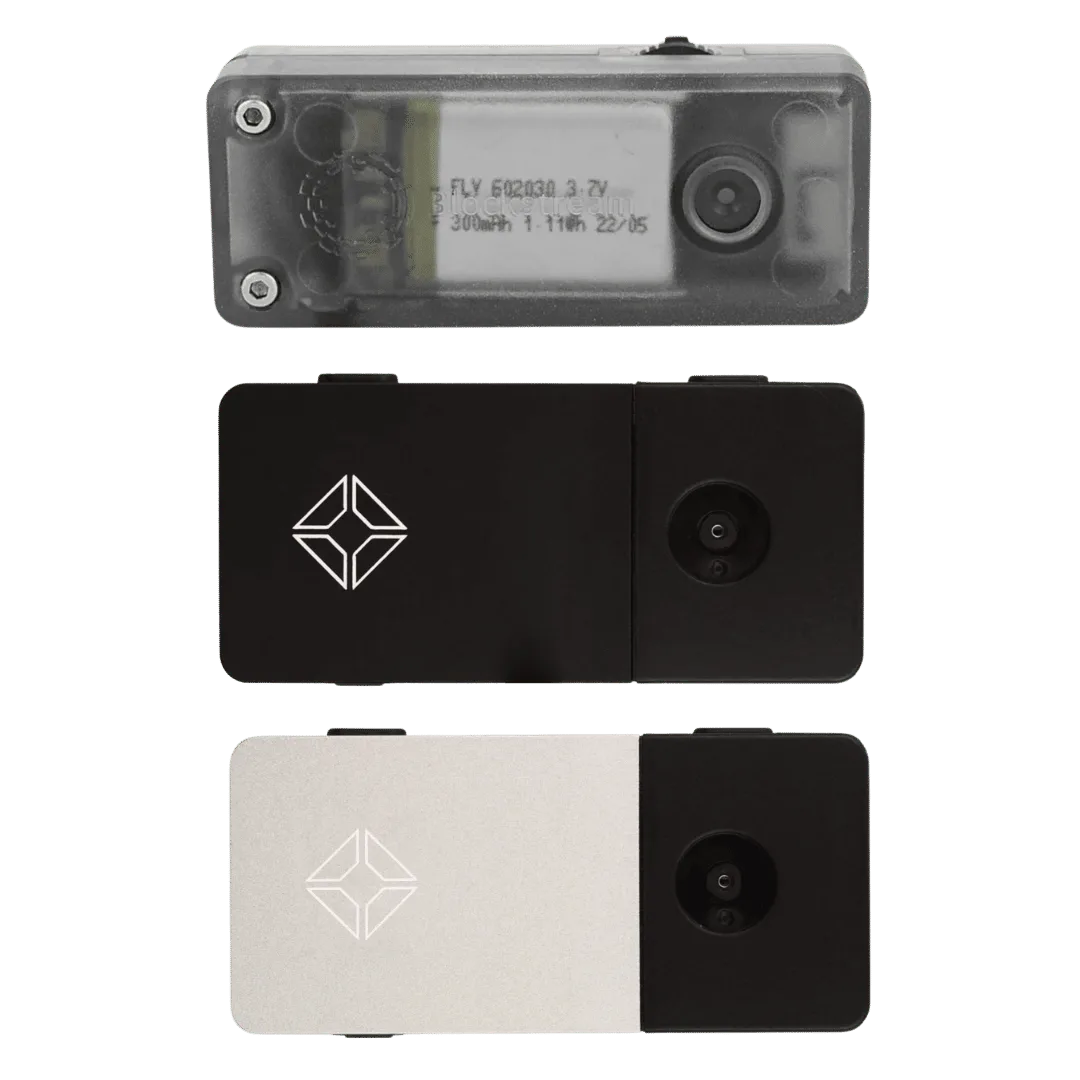 Blockstream Jade Classic, Jade Plus Black, and Jade Plus Lunar Silver hardware wallets shown from the back