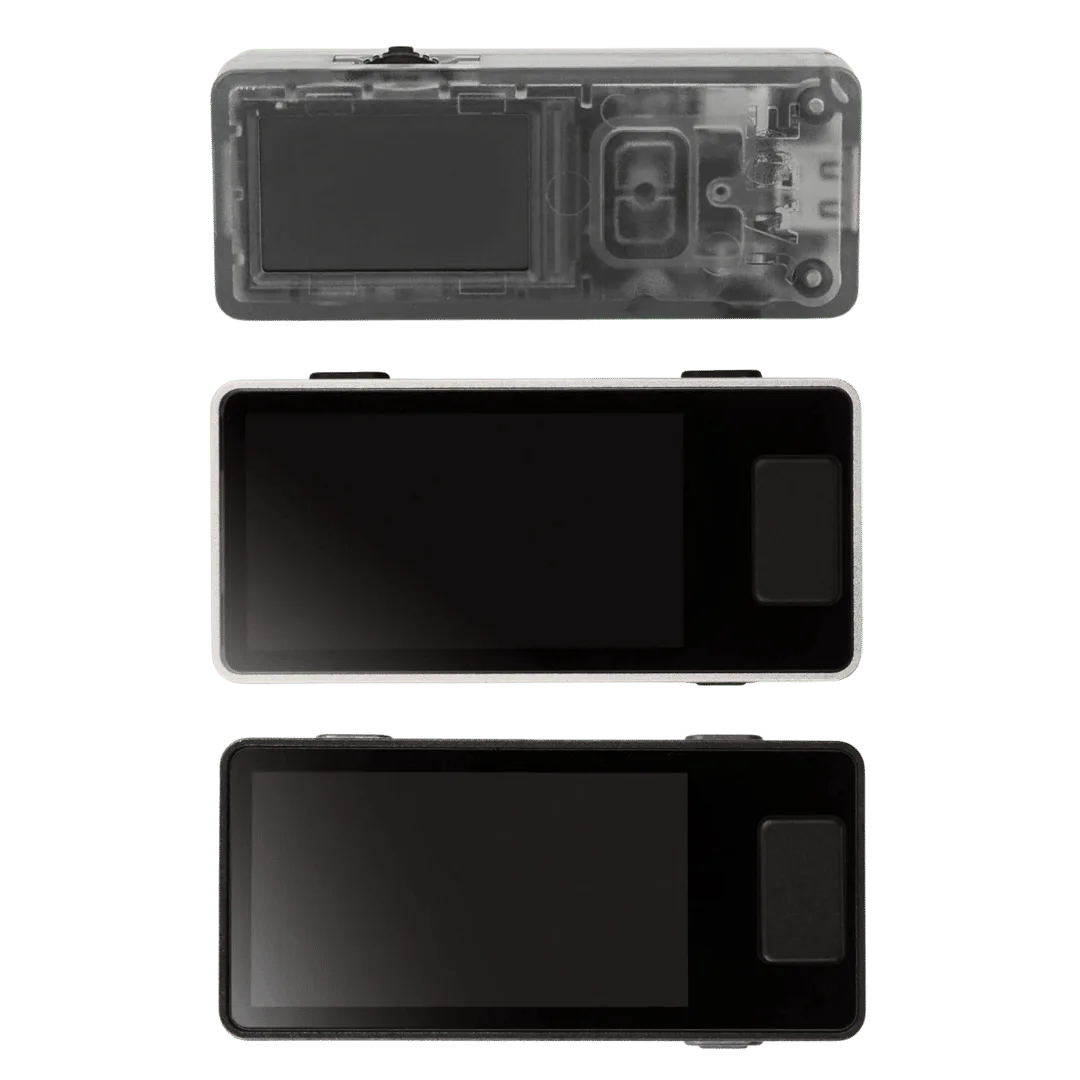 Comparison of Blockstream Jade and Blockstream Jade Plus hardware wallets showing front screen and button layout