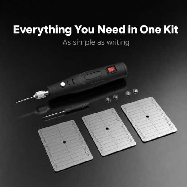 Complete Bitcoin seed phrase backup kit with three steel plates, electric engraving pen, screws, and screwdriver