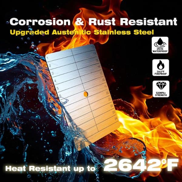 Fireproof stainless steel seed phrase backup plate for Bitcoin recovery words