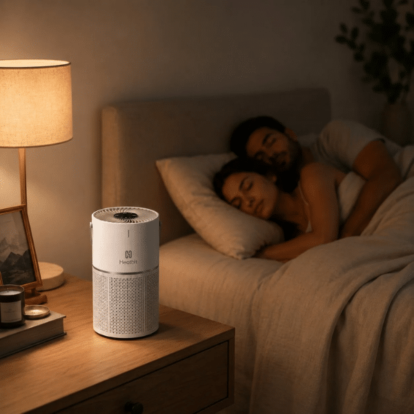 Heatbit Bitair air purifier Bitcoin miner running in 25 dB sleep mode on a bedroom nightstand while a couple sleeps in the background