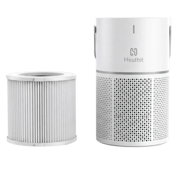 Heatbit Bitair air purifier Bitcoin miner shown beside its removable pleated three-stage HEPA filter cartridge