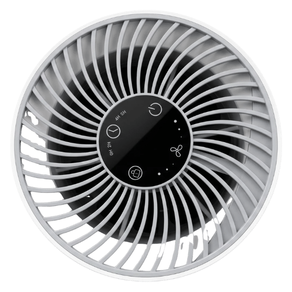 Top-down view of the Heatbit Bitair air purifier Bitcoin miner showing the swirled exhaust grille and black touch control panel with power, fan speed, timer, and filter reset buttons