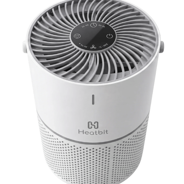 Elevated angle view of the Heatbit Bitair air purifier Bitcoin miner showing the spiral exhaust grille, touch control panel, side carry handles, and perforated intake shell