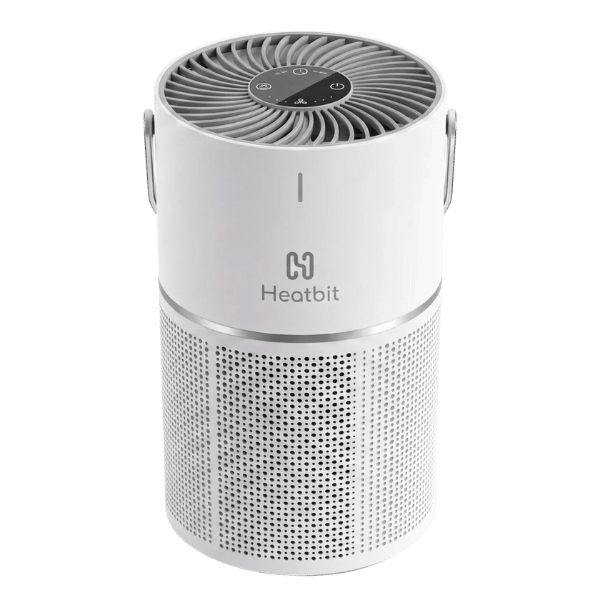 Heatbit Bitair white cylindrical air purifier with 1.2 TH/s Bitcoin miner, front angle showing top touch controls and perforated filter intake