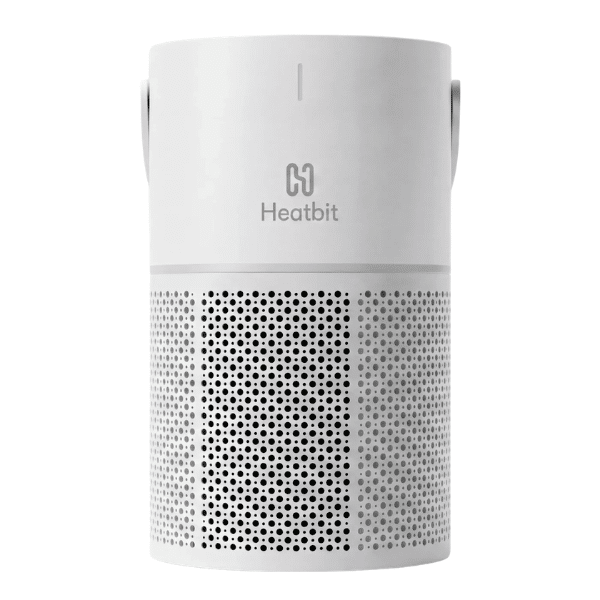 Heatbit Bitair white air purifier with built-in 1.2 TH/s Bitcoin miner, straight-on front view showing Heatbit logo and perforated 360-degree filter intake