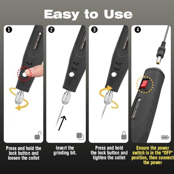 Four step setup guide for the seed plate electric engraving pen: loosen the collet, insert the engraving bit, tighten the collet, then switch off before connecting DC power