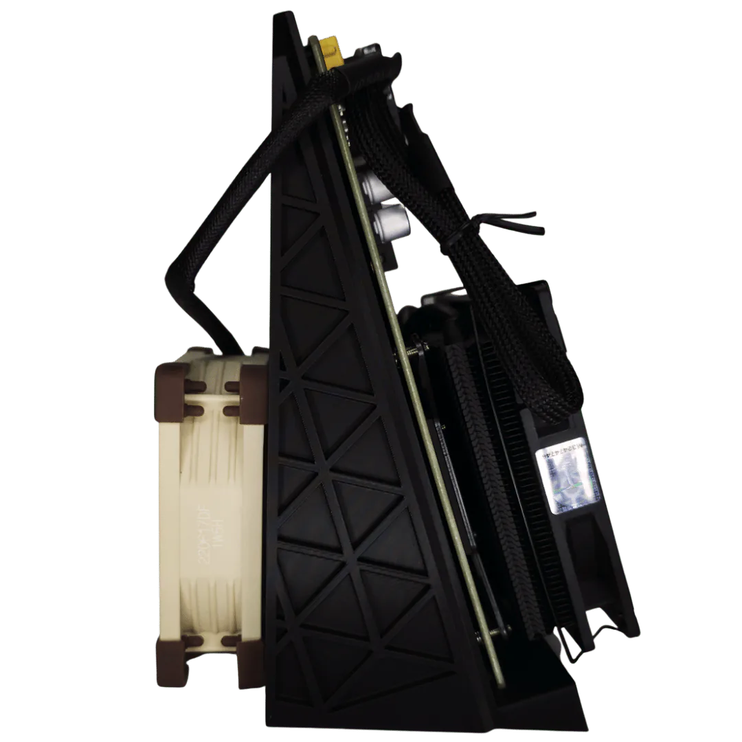 NerdQaxe++ Bitcoin solo miner side profile with stand, braided cables, and cooling fan
