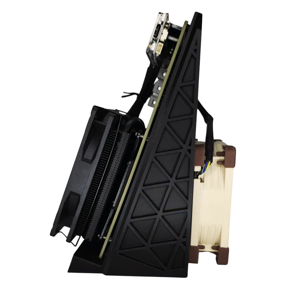 NerdQaxe++ Bitcoin solo miner side view with heatsink, shroud, stand, and cooling fan