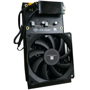 NerdQaxe++ Revision 7 quad-chip Bitcoin solo miner with Thermalright heatsink, 1.9 inch LCD display, and Solo Satoshi stand