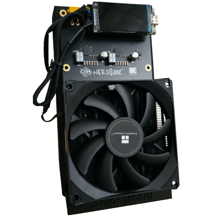 NerdQaxe++ Revision 7 quad-chip Bitcoin solo miner with Thermalright heatsink, 1.9 inch LCD display, and Solo Satoshi stand