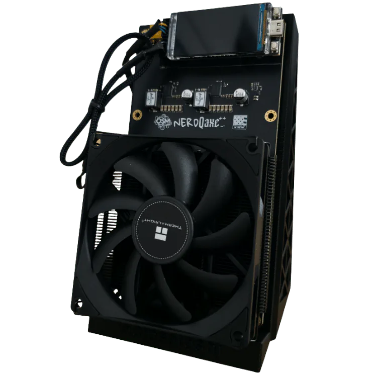 NerdQaxe++ Revision 7 Bitcoin solo miner side view with cooling fan and heatsink