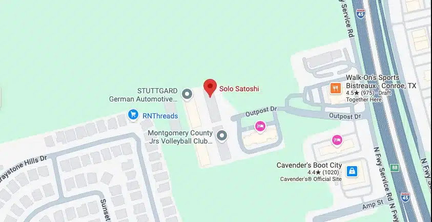 Map showing the Solo Satoshi Bitcoin hardware storefront in Conroe, Texas