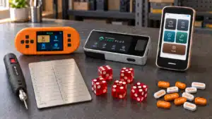 SeedSigner+, Blockstream Jade Plus, and Foundation Passport Prime hardware wallets on a workbench with a stainless steel seed phrase backup plate, electric engraving pen, five red casino dice, and Entropia v2 seed word tablets