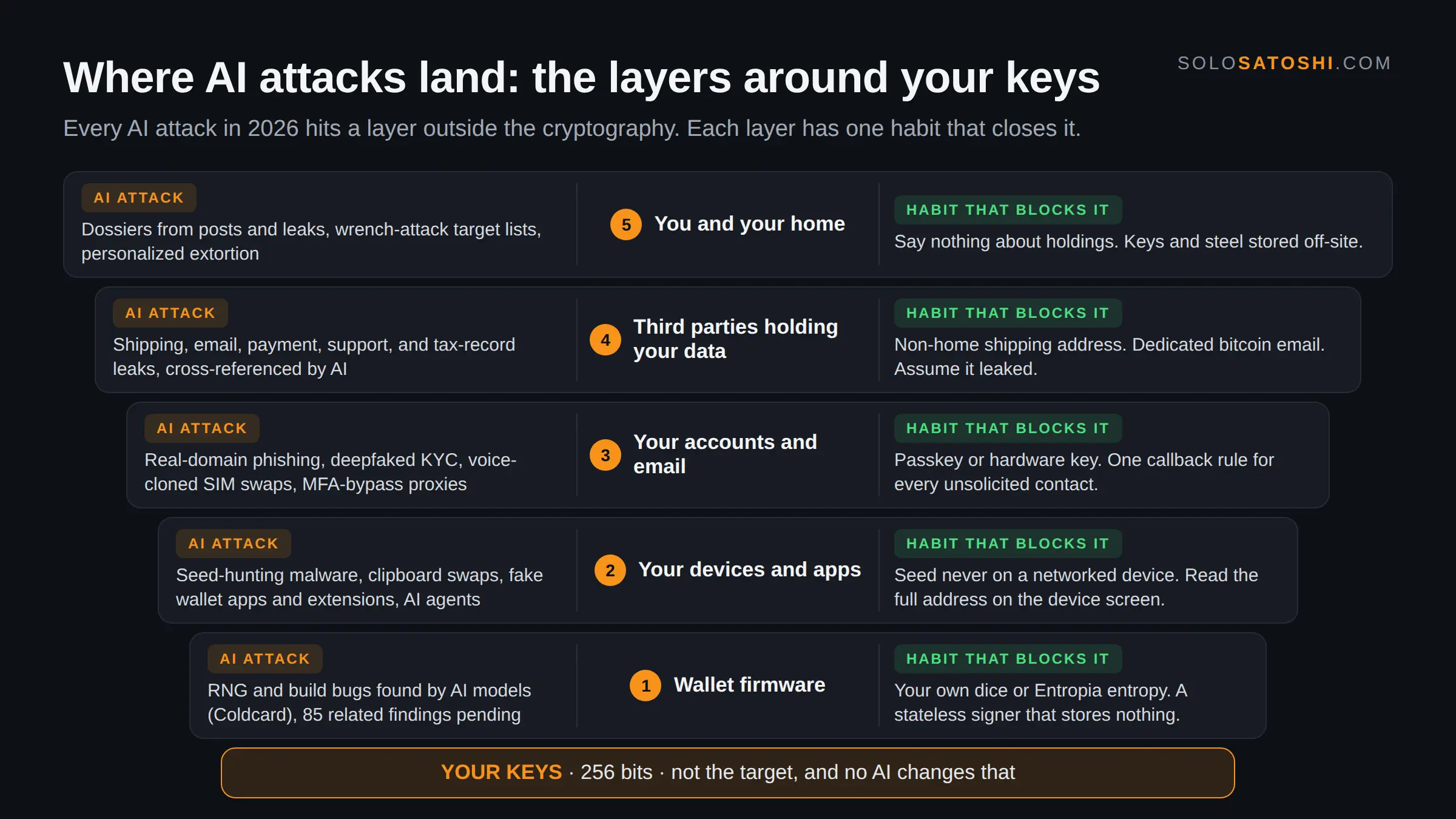 Diagram of five layers around a bitcoin holder's keys, from you and your home down to wallet firmware, listing the AI attack that hits each layer and the single habit that blocks it, with your keys at the center marked 256 bits, not the target