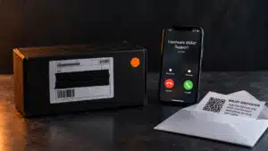 Unbranded black shipping box with the address on its label covered by black tape, next to a smartphone showing an incoming call labeled Hardware Wallet Support and an opened envelope holding a fake wallet verification letter with a QR code asking for a 24-word seed phrase, illustrating how leaked shipping data fuels AI-driven attacks on bitcoin holders