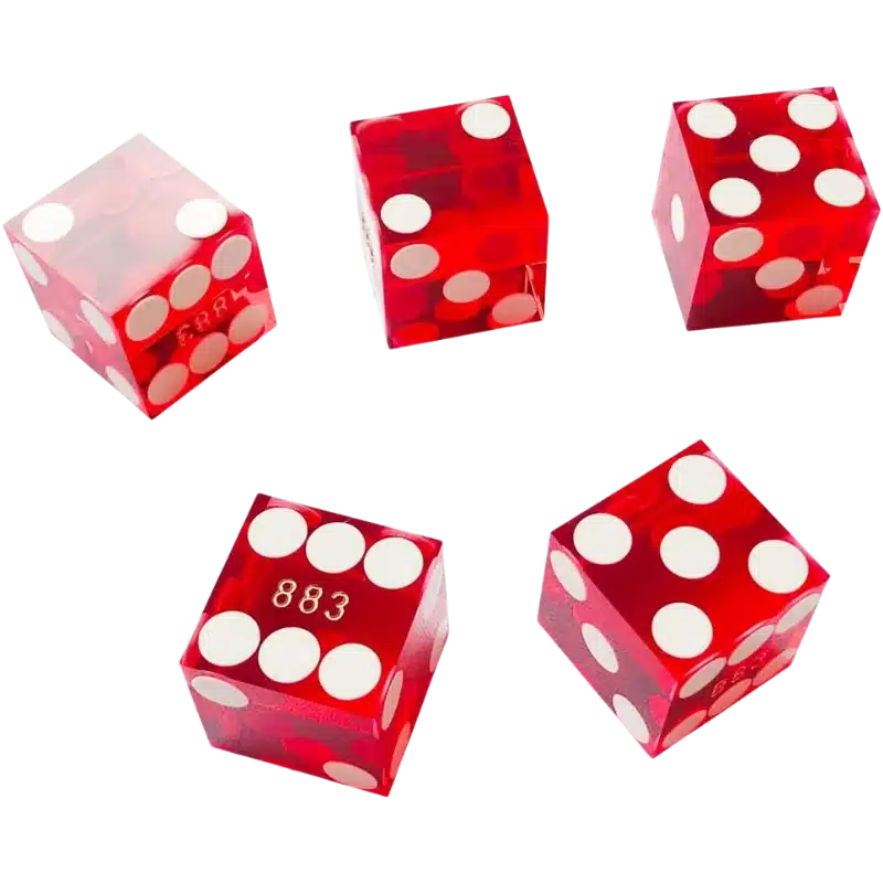 Bitcoin seed phrase dice set of five casino grade red d6 dice with razor edges, back-filled white pips, and matching serial number 883