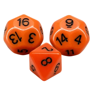 Bitcoin seed phrase dice set with two orange 16-sided dice and one 8-sided die, numbered faces with no hex letters, for generating high-entropy seed phrases offline