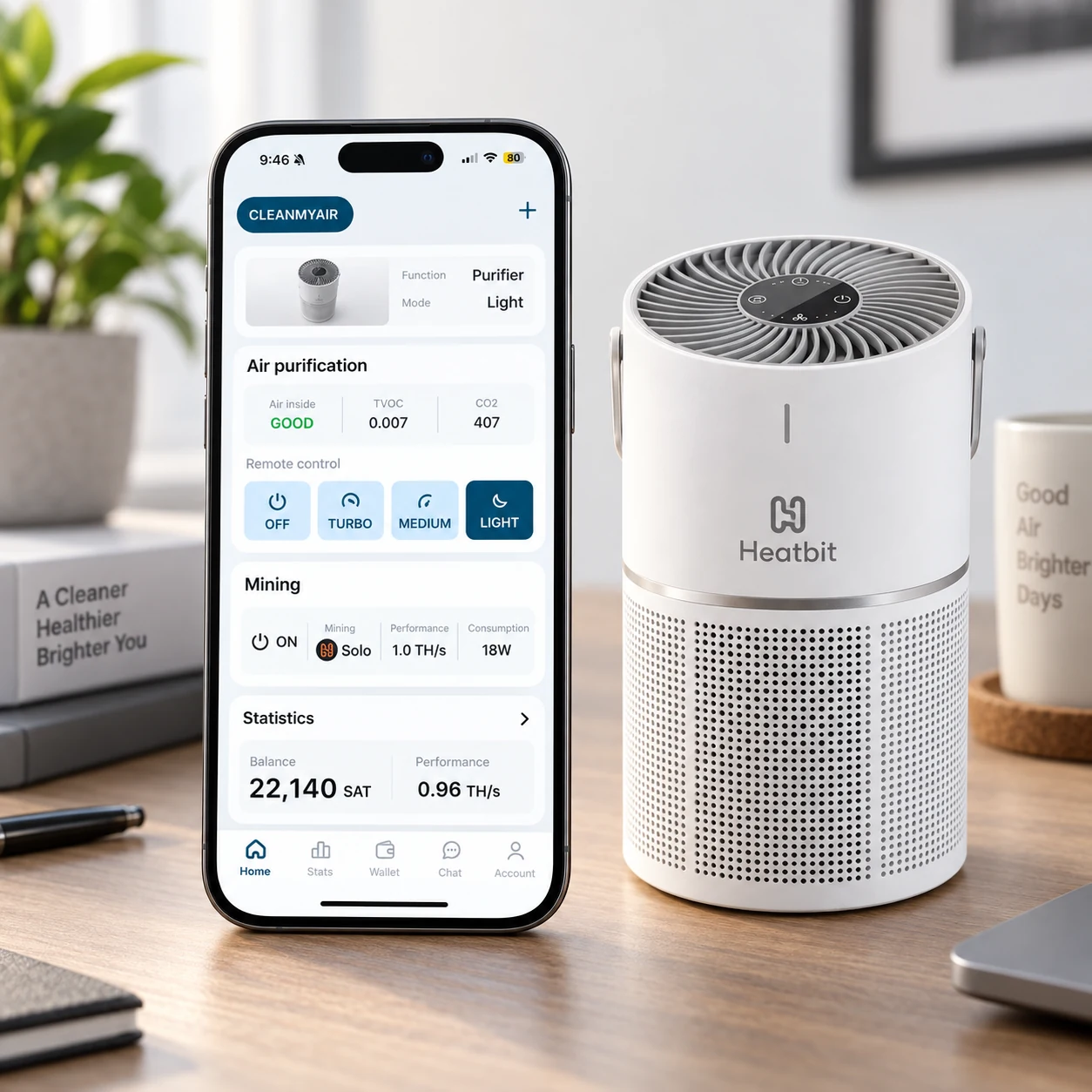Heatbit Bitair beside a smartphone showing air quality, fan controls, solo mining status, hashrate, power consumption, satoshi balance, and mining performance