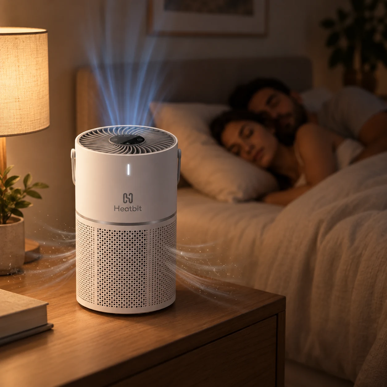 Heatbit Bitair running beside a bed in sleep mode while room air enters the lower filter intake and clean air exits the top grille