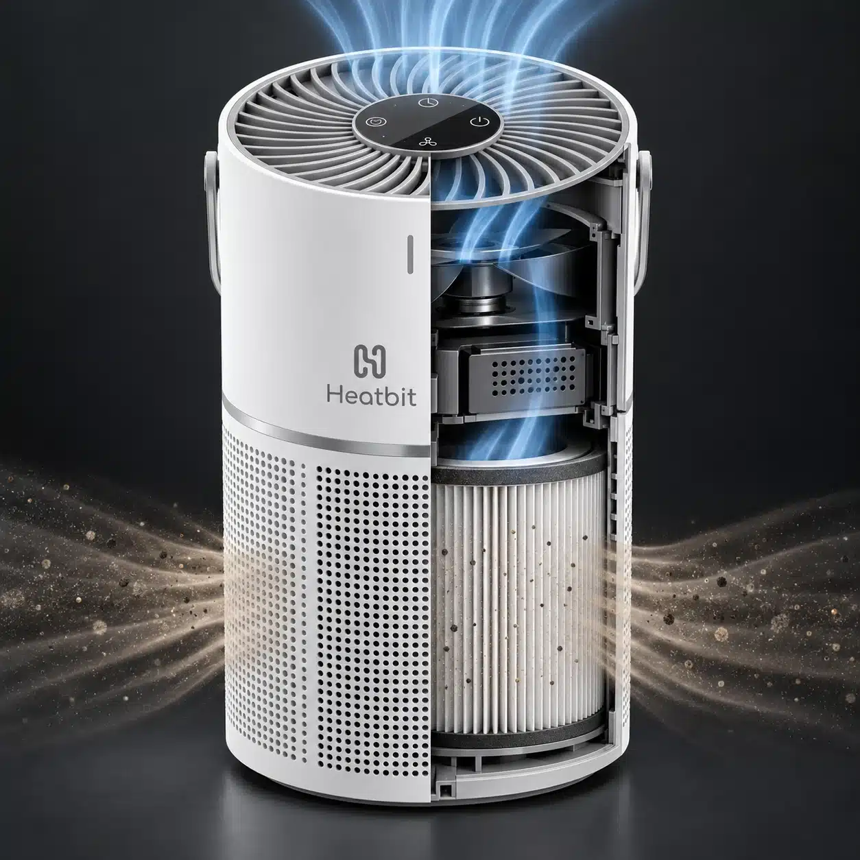 Heatbit Bitair HEPA filter cutaway showing air entering the perforated intake, passing through the cylindrical filter, and exiting from the top fan