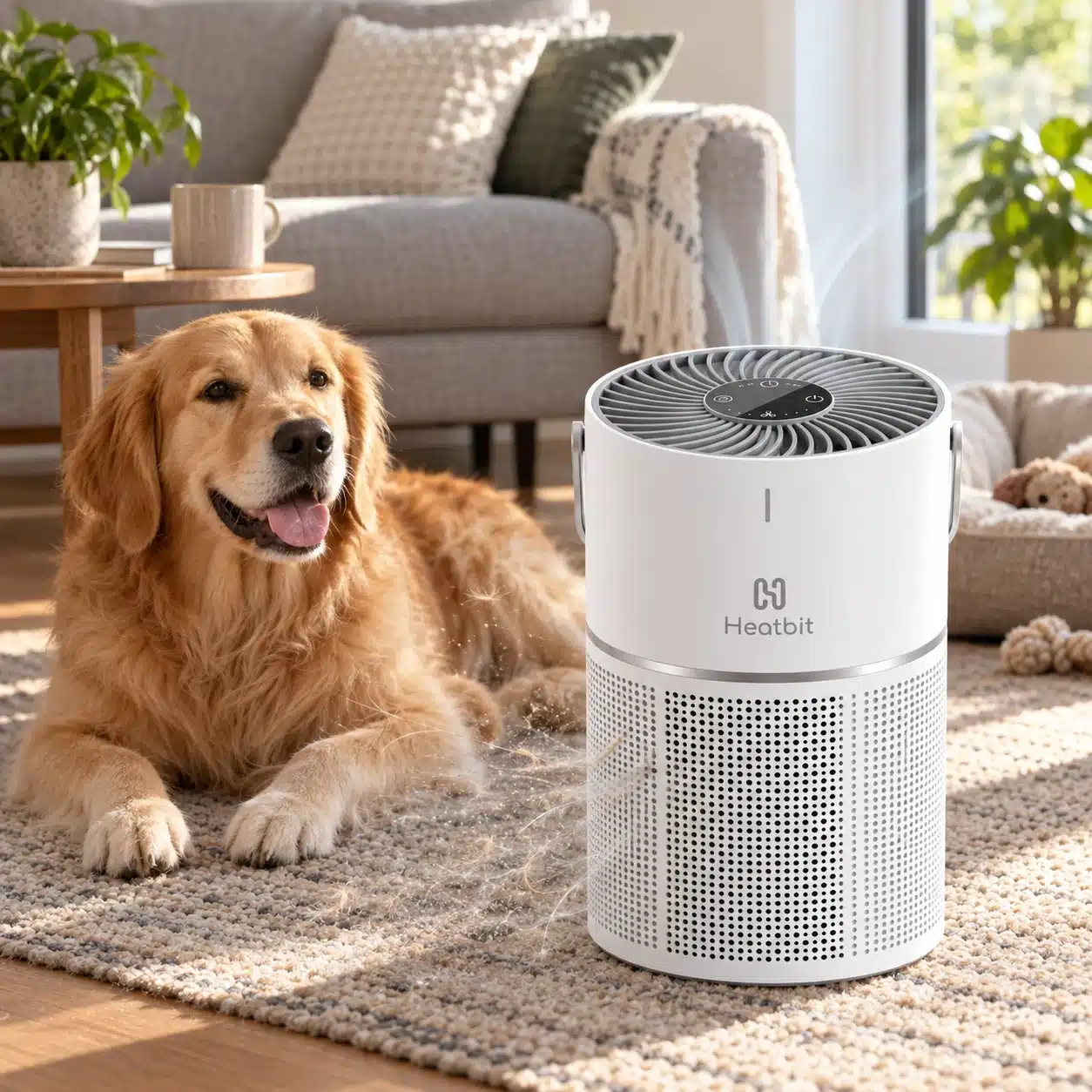 Heatbit Bitair air purifier Bitcoin miner beside a golden retriever as pet dander and household dust move toward the lower filter intake