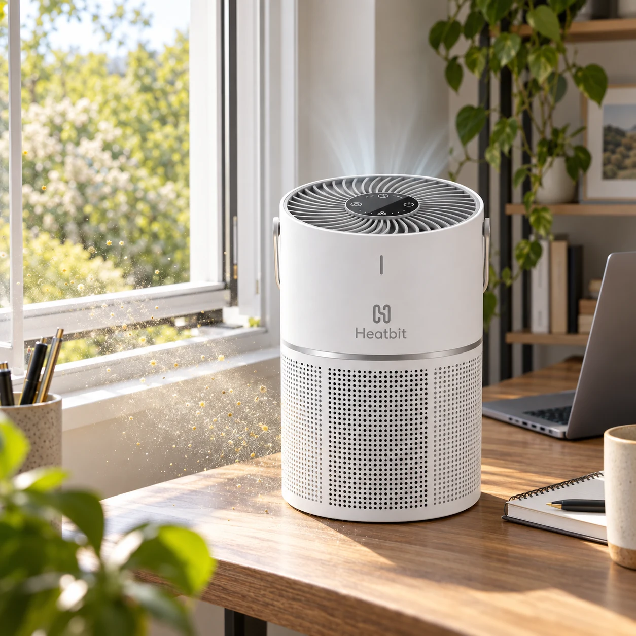 Heatbit Bitair air purifier Bitcoin miner in a home office as spring pollen enters an open window and moves toward the lower HEPA filter intake