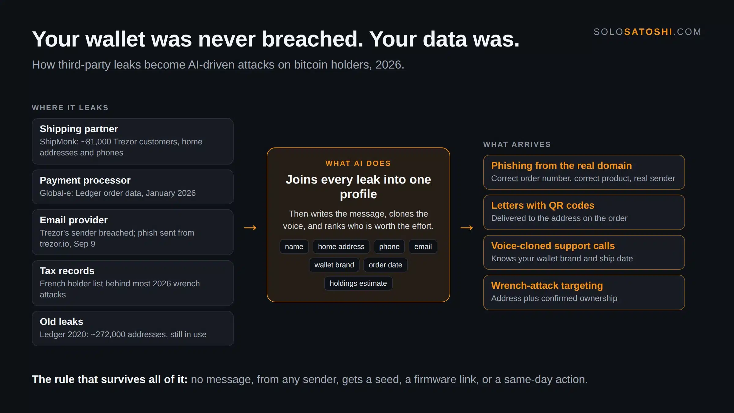 Flow diagram showing how third-party leaks from shipping partners, payment processors, email providers, tax records, and old breaches are joined by AI into one profile of name, home address, phone, email, wallet brand, and order date, then turned into phishing from the real domain, letters with QR codes, voice-cloned support calls, and wrench-attack targeting